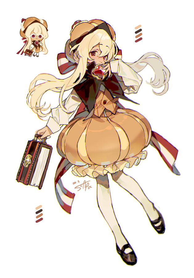1girl, black_footwear, blonde_hair, book, brown_skirt, brown_vest, bubble_skirt, caramel_choux_cookie
