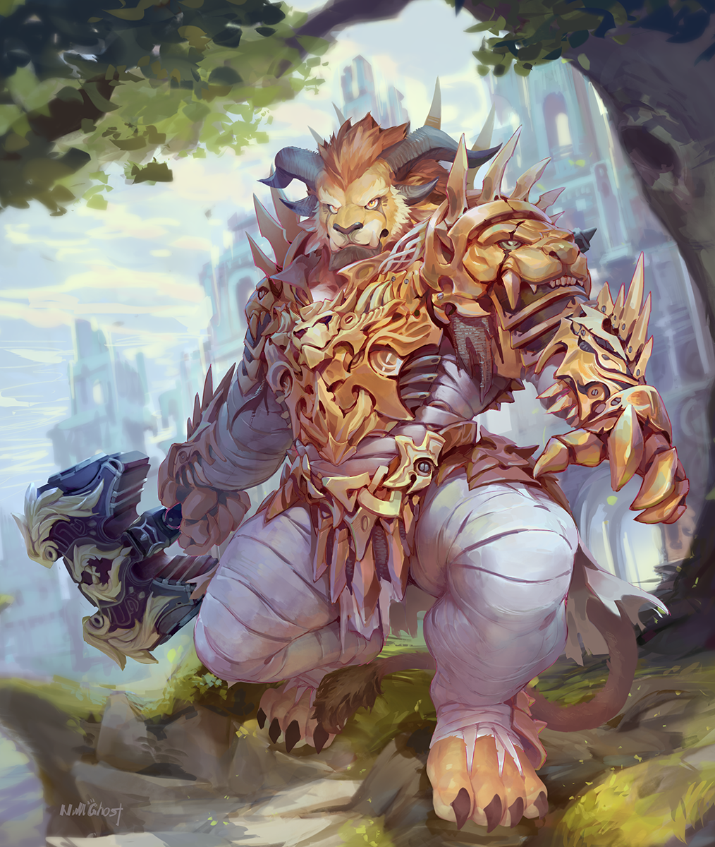 1boy, armor, artist_name, bandages, fantasy, furry, furry_male, gold_armor, guild_wars_(series), guild_wars_2, hammer, highres, holding, holding_hammer, horns, lion_tail, male_focus, null-ghost, pauldrons, shoulder_armor, signature, solo, tail