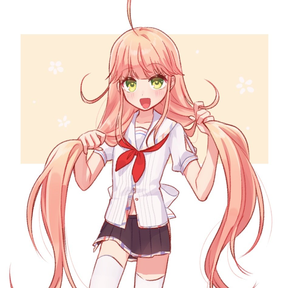 1girl, :d, ahoge, black_skirt, bunching_hair, cowboy_shot, flat_chest, green_eyes