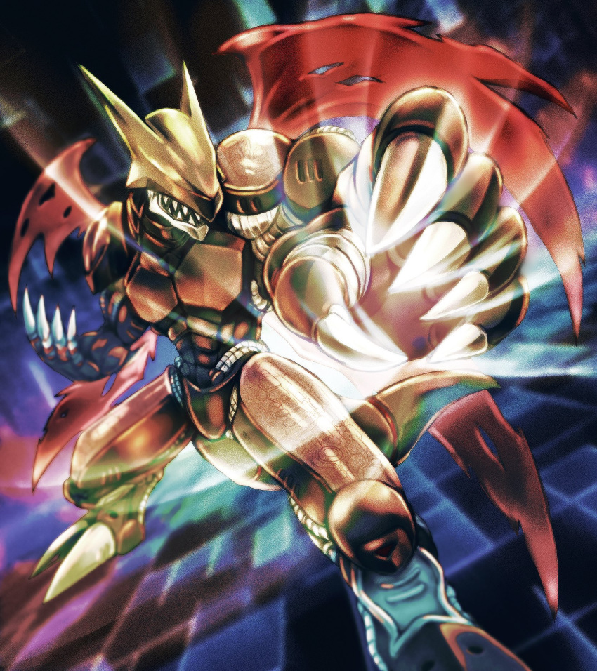 armor, attack, black_armor, claws, covered_eyes, cyberdramon, dark_background, digimon