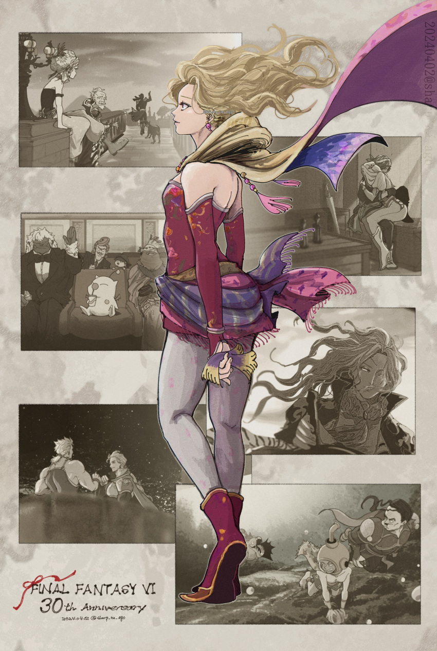 1girl, anniversary, bare_shoulders, blonde_hair, boots, celes_chere, commentary, copyright_name