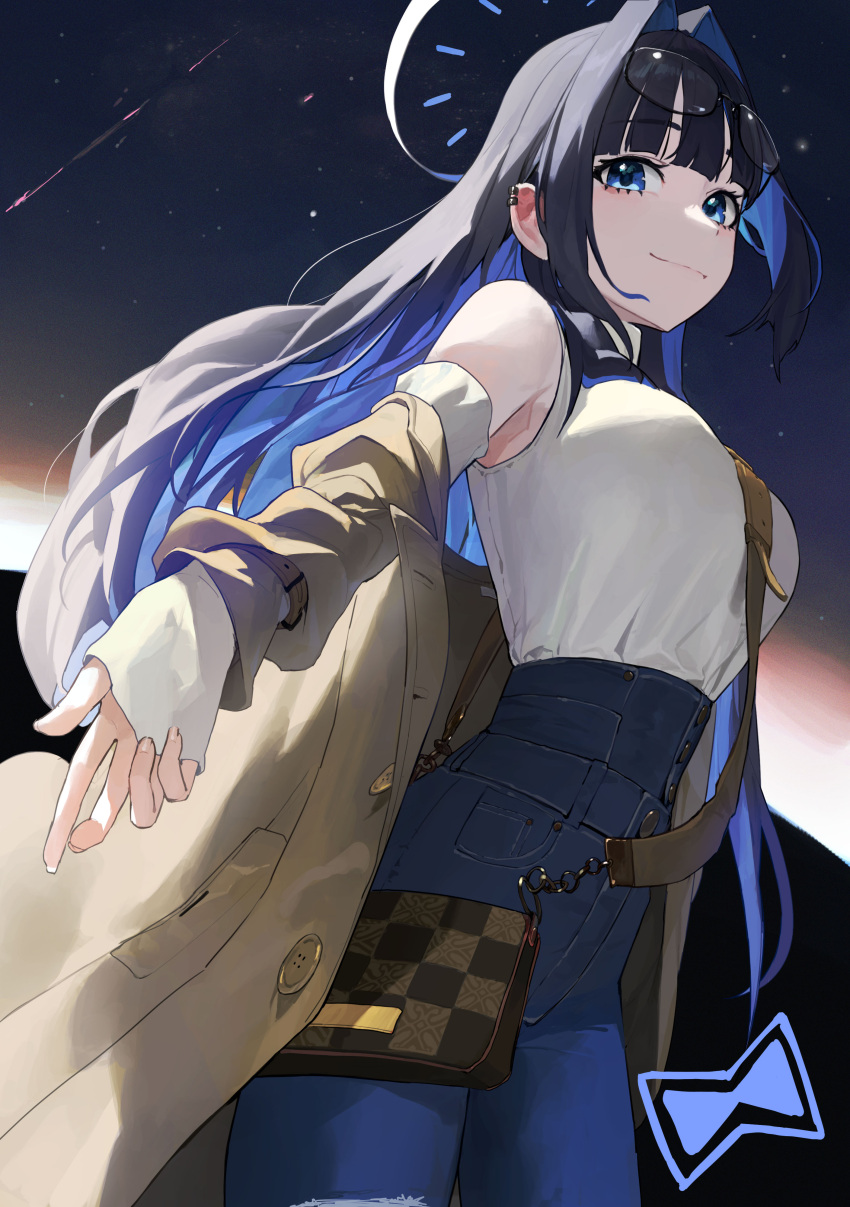 1girl, absurdres, armpit_peek, background_request, bag, bare_shoulders, black-framed_eyewear, black_hair, black_hole, blue_eyes, blue_hair, blue_halo, blue_pants, breasts, brown_bag, brown_coat, check_background, checkered_bag, closed_mouth, coat, colored_inner_hair, cowboy_shot, denim, detached_sleeves, ear_piercing, eyewear_on_head, hair_intakes, halo, handbag, high-waist_pants, highres, hololive, jeans, light_smile, long_hair, looking_at_viewer, mac_star, medium_breasts, multicolored_hair, off_shoulder, ouro_kronii, ouro_kronii_(casual), outdoors, outstretched_arm, pants, piercing, reaching, reaching_towards_viewer, shirt, shooting_star, sidelocks, sleeveless, sleeveless_turtleneck, sleeves_past_wrists, solo, space, standing, trench_coat, turtleneck, virtual_youtuber, white_halo, white_shirt, white_sleeves
