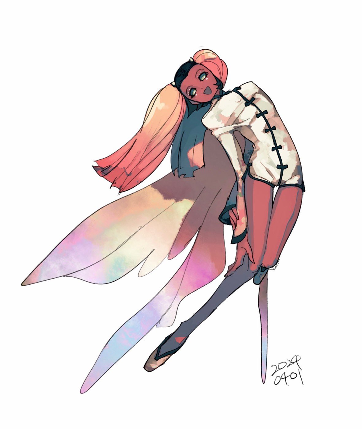 1girl, :d, coat, colored_skin, commentary_request, dated, eien12m, eyelashes