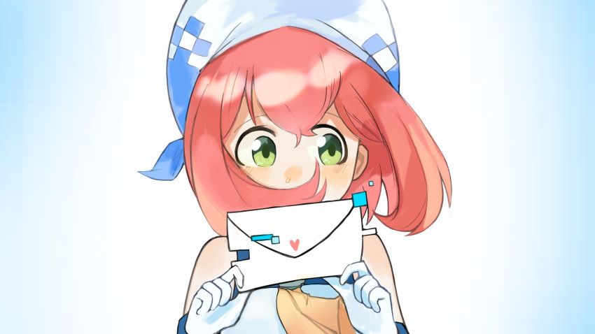 1girl, barobakuoikawa, blush, covering_own_mouth, digimon, digimon_linkz, embarrassed, gloves, green_eyes, hat, highres, holding, holding_letter, kurihara_hina, letter, looking_to_the_side, medium_hair, pink_hair, solo, upper_body, valentine, white_gloves, white_hat