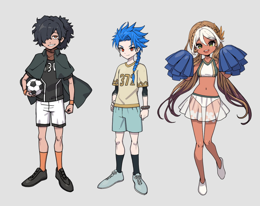 1girl, 2boys, andromeda_(fate), ball, black_footwear, black_hair, black_shirt, black_socks