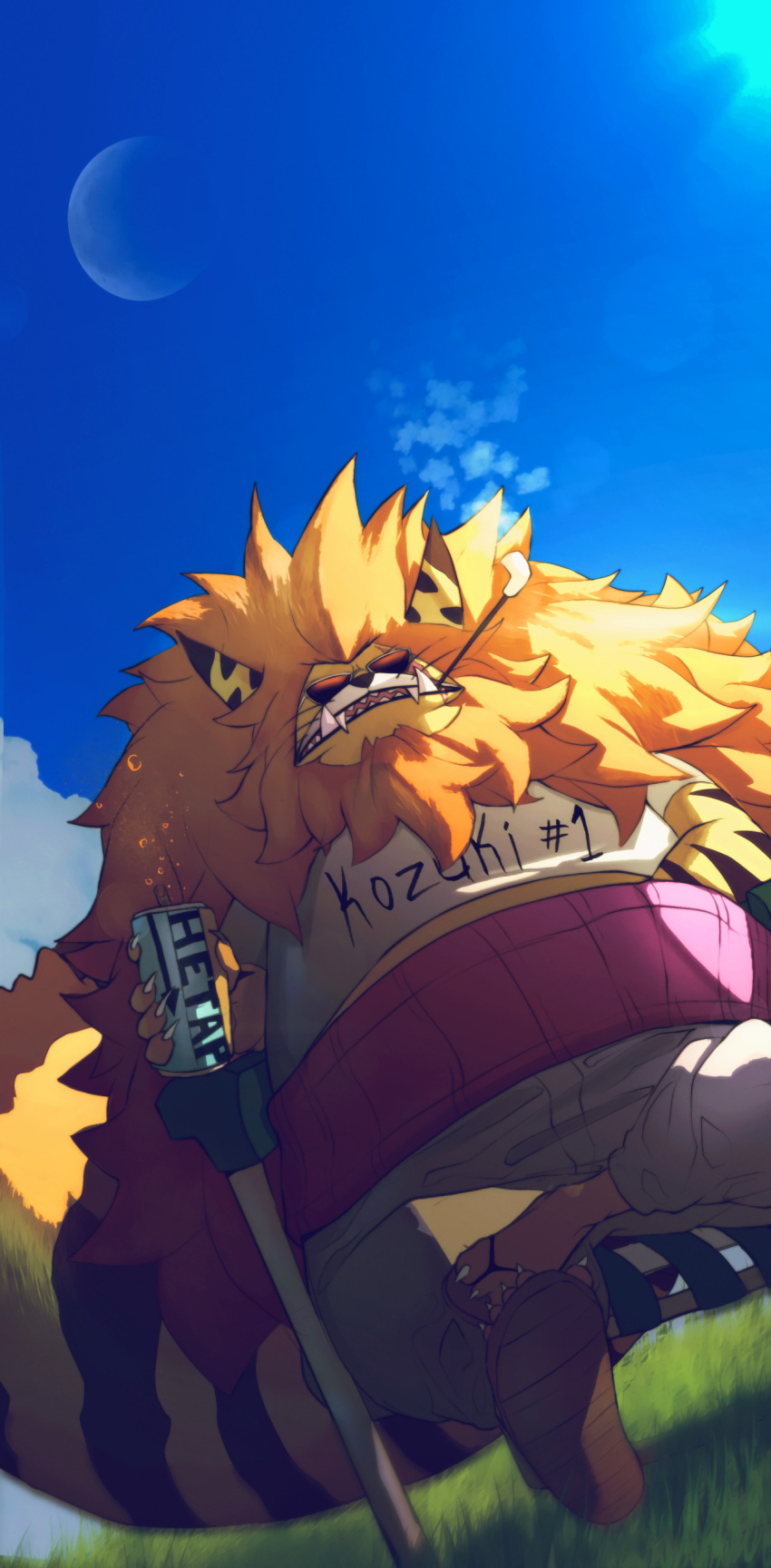 absurdres, animal_ears, beard, blonde_hair, blue_sky, can, cat_boy, cat_ears