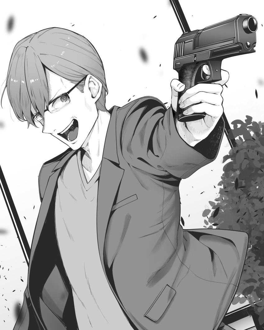 1boy, absurdres, bush, finger_on_trigger, glasses, greyscale, gun, highres, holding, holding_gun, holding_weapon, jacket, leaf, looking_at_another, male_focus, monochrome, nukigee_mitai_na_shima_ni_sunderu_watashi_wa_dou_surya_ii_desu_ka?, open_mouth, pointing_weapon, shiranami_ryuji, shirt, short_hair, solo, teeth, teshima_toshihide, tongue, upper_body, weapon