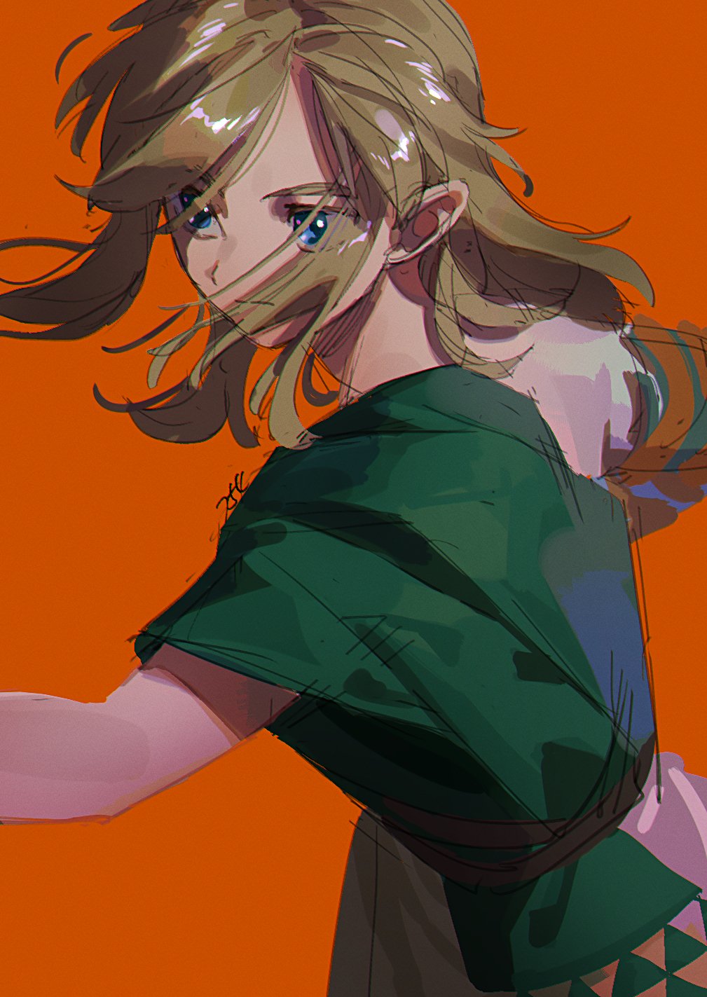 1boy, aqua_shirt, belt, blonde_hair, blue_eyes, closed_mouth, commentary, highres