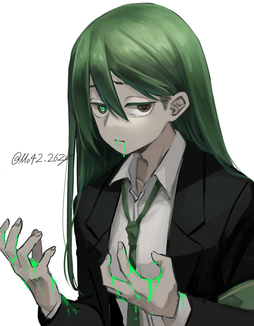 1boy, black_jacket, brown_eyes, collared_shirt, enkephalin_(project_moon), green_necktie, green_pupils, hands_up