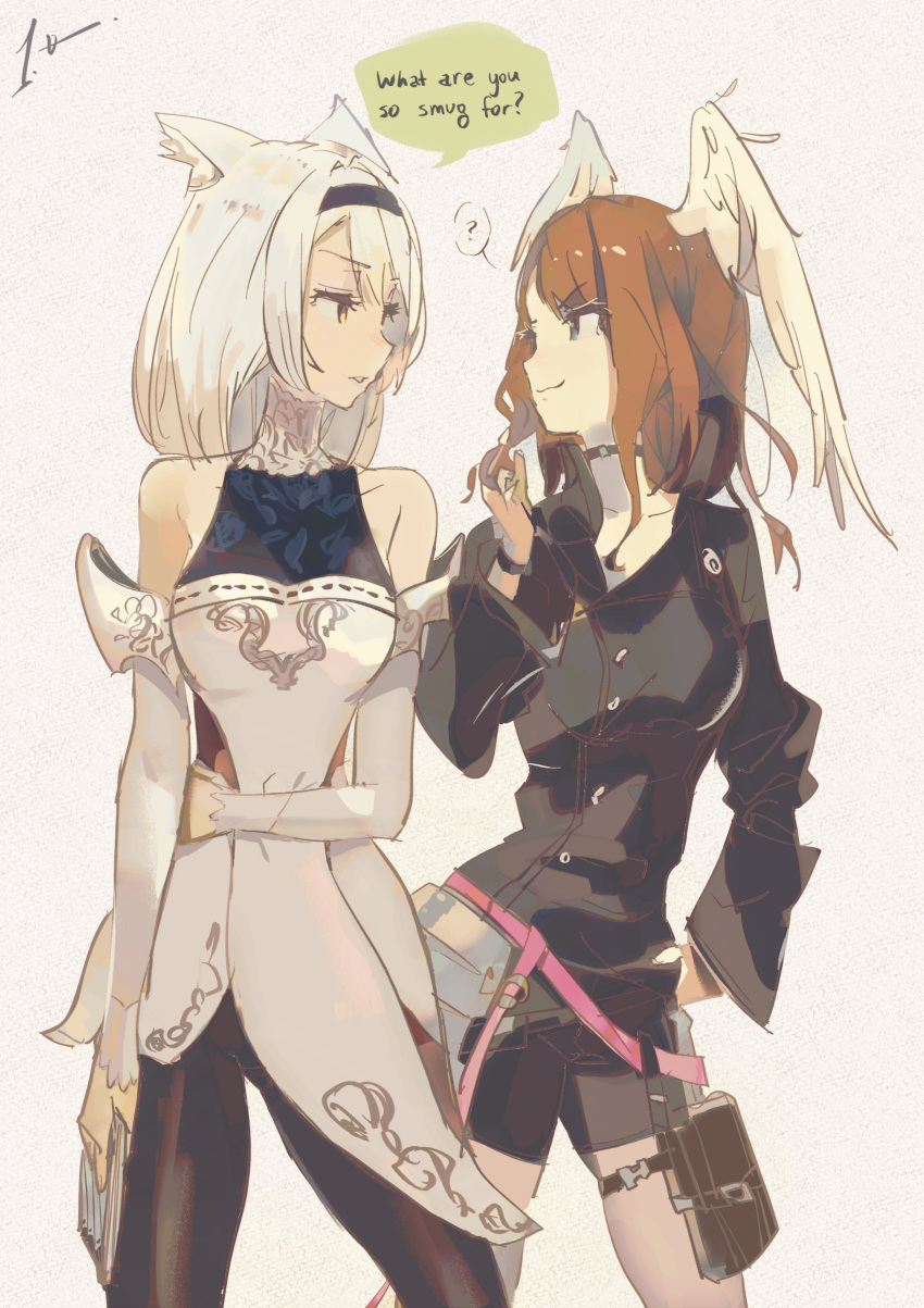 2girls, ?, absurdres, animal_ear_fluff, animal_ears, bare_shoulders, belt, black_choker, black_hairband, black_jacket, black_pantyhose, black_shorts, brown_hair, cat_ears, cat_girl, choker, closed_mouth, commentary, dress, english_commentary, english_text, eunie_(xenoblade), eye_contact, eyelashes, grey_background, hairband, hand_on_own_hip, head_wings, highres, jacket, long_hair, looking_at_another, mio_(xenoblade), multiple_girls, onepointzero, pantyhose, pouch, prototype_design, shorts, simple_background, sleeveless, sleeveless_dress, smile, speech_bubble, spoken_question_mark, standing, v-shaped_eyebrows, white_hair, wings, xenoblade_chronicles_(series), xenoblade_chronicles_3