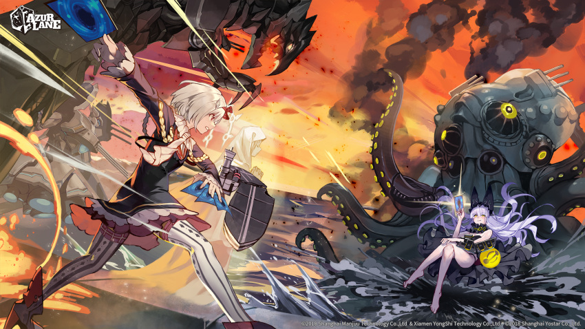 2girls, animal_ear_headwear, april_fools, arm_up, azur_lane, bare_legs, black_dress, black_panties