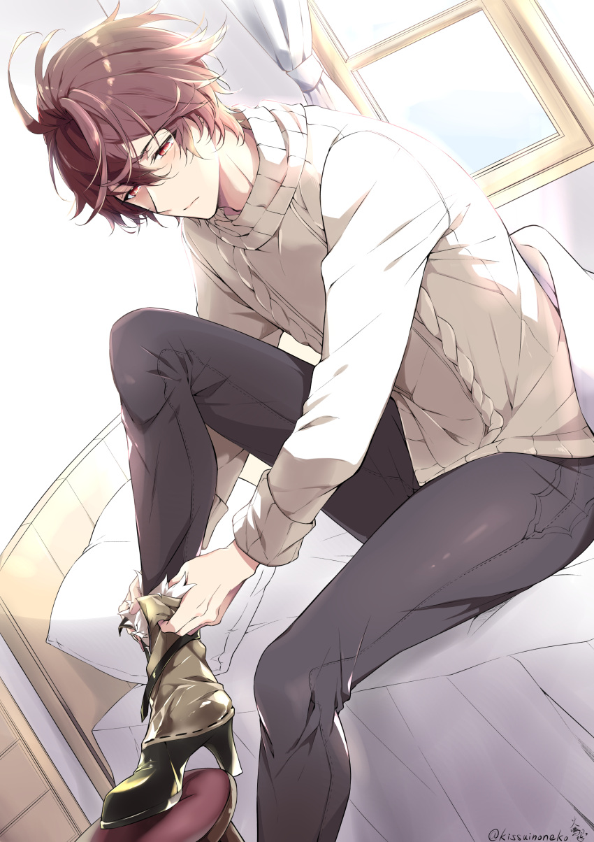 1boy, absurdres, ahoge, artist_name, black_leggings, boots, brown_hair, commentary_request