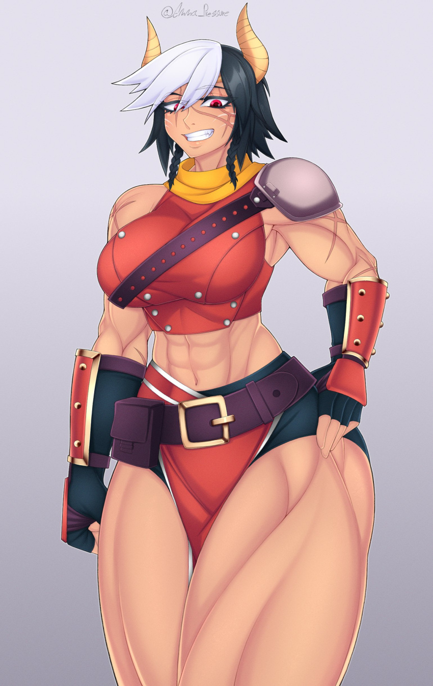 1girl, abs, absurdres, biceps, breasts, dark-skinned_female, dark_skin, emma_pressure, highres, horns, large_breasts, mature_female, multiple_scars, muscular, muscular_female, red_eyes, scar, short_hair, thick_thighs, thighs