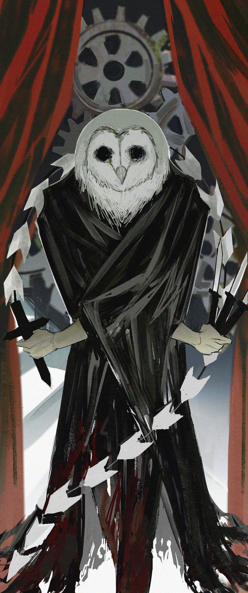 absurdres, animal_head, bird, black_cape, black_pants, black_souls, cape, dagger