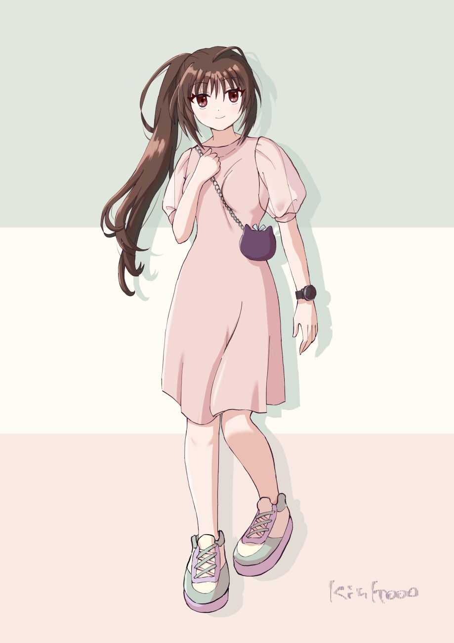 1girl, ahoge, alternate_costume, animal_print, arm_at_side, bag, blush, breasts, brown_eyes, brown_hair, cat_print, closed_mouth, commentary_request, cross-laced_footwear, dress, drop_shadow, full_body, hair_between_eyes, hand_up, handbag, happy, highres, little_busters!, long_hair, looking_at_viewer, multicolored_background, natsume_rin, pink_dress, pink_footwear, piyo_(kinkooo333), ponytail, puffy_short_sleeves, puffy_sleeves, see-through, see-through_sleeves, shoes, short_sleeves, signature, simple_background, small_breasts, smile, sneakers, solo, standing, watch