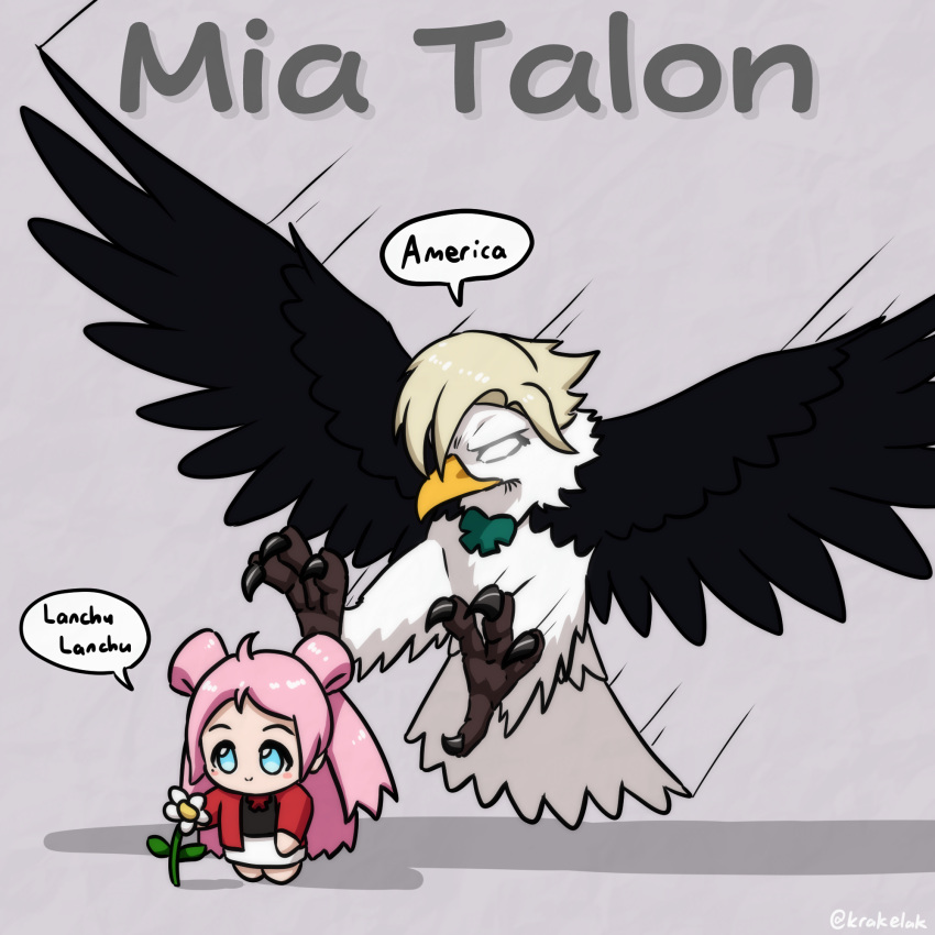 2girls, ahoge, animalization, attack, bald_eagle, bird, black_shirt, blonde_hair