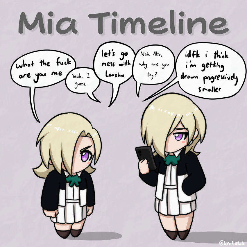 2girls, arms_at_sides, black_jacket, blonde_hair, blush_stickers, chibi, chibi_only, clenched_hands