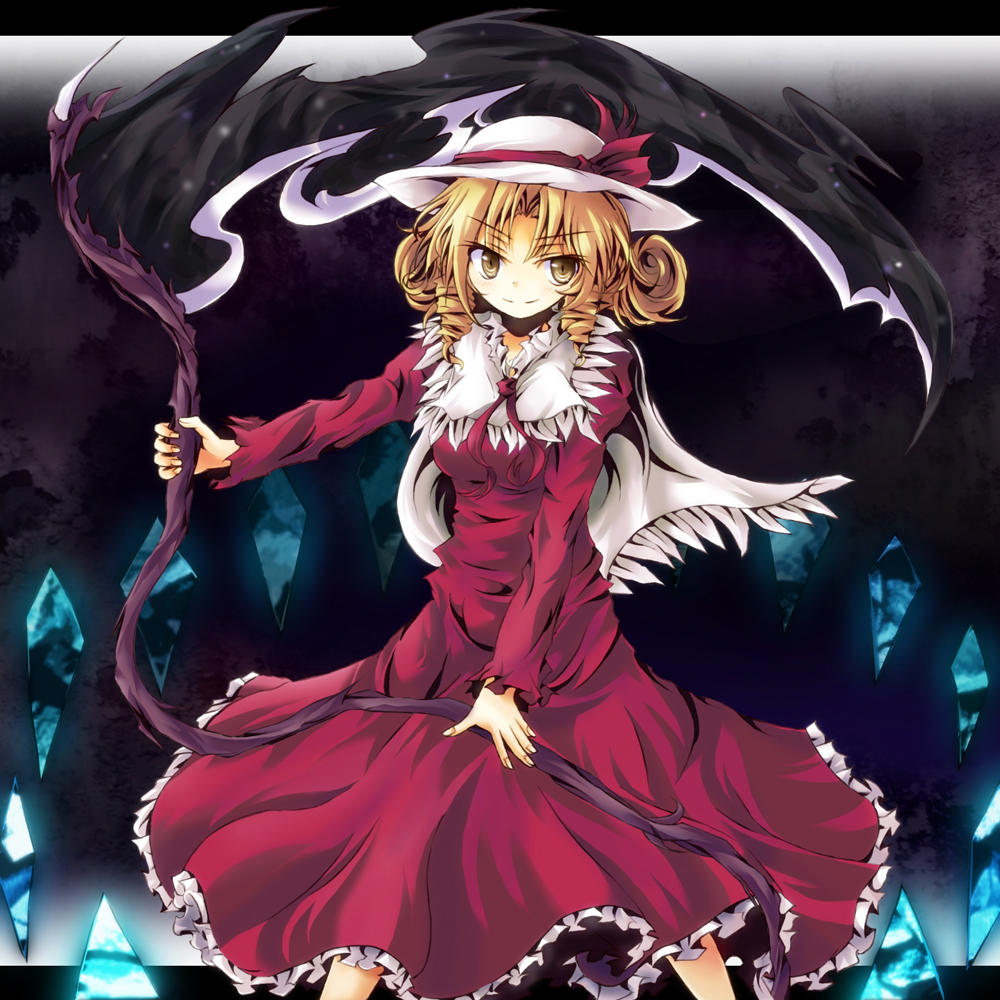 dress, drill_hair, elly, hat, ribbon, scythe, solo, tamago_gohan