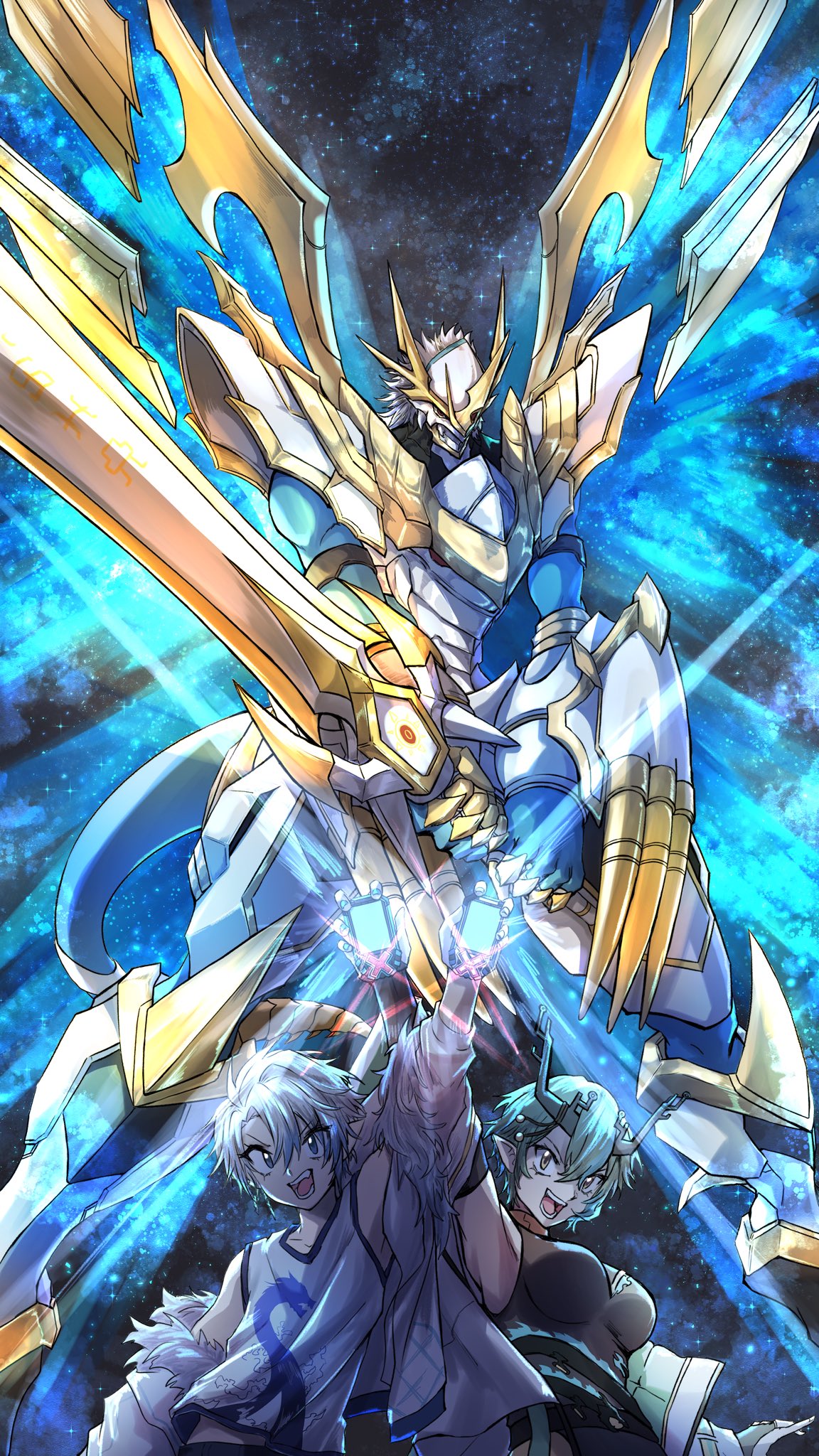 1boy, 1girl, arm_mounted_weapon, arm_up, armor, black_dress, blue_eyes, blue_skin, breasts, brown_eyes, collarbone, colored_skin, digimon, digivice, dragon, dress, energy_wings, green_hair, highres, holding, holding_sword, holding_weapon, horns, ichiroku_(vtuber), imperialdramon, imperialdramon_paladin_mode, indie_virtual_youtuber, jacket, large_breasts, mechanical_wings, open_mouth, original, pointy_ears, sawadafy, shoulder_armor, sword, tank_top, teeth, weapon, white_armor, white_hair, white_jacket, white_tank_top, wings