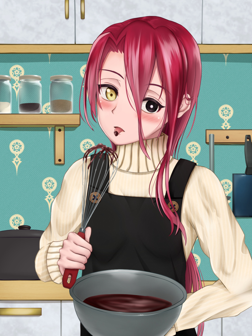 apron, artist_request, black_eyes, blush, bowl, breasts, chocolate, chocolate_making