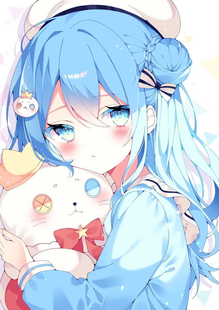 1girl, blue_dress, blue_eyes, blue_hair, blush, commission, crown, dress