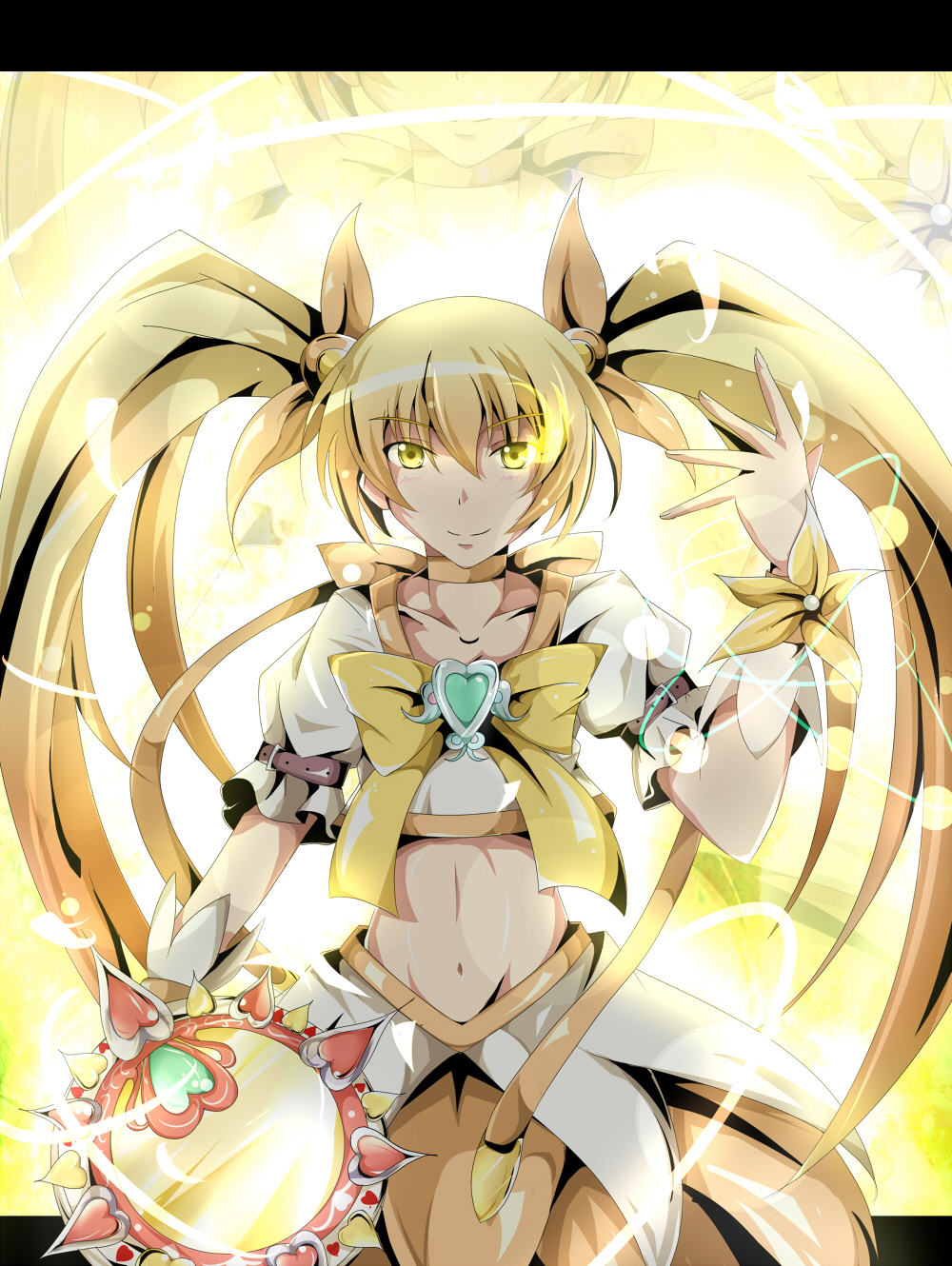 blonde_hair, bow, cure_sunshine, heart, heartcatch_precure!, myoudouin_itsuki, navel, precure