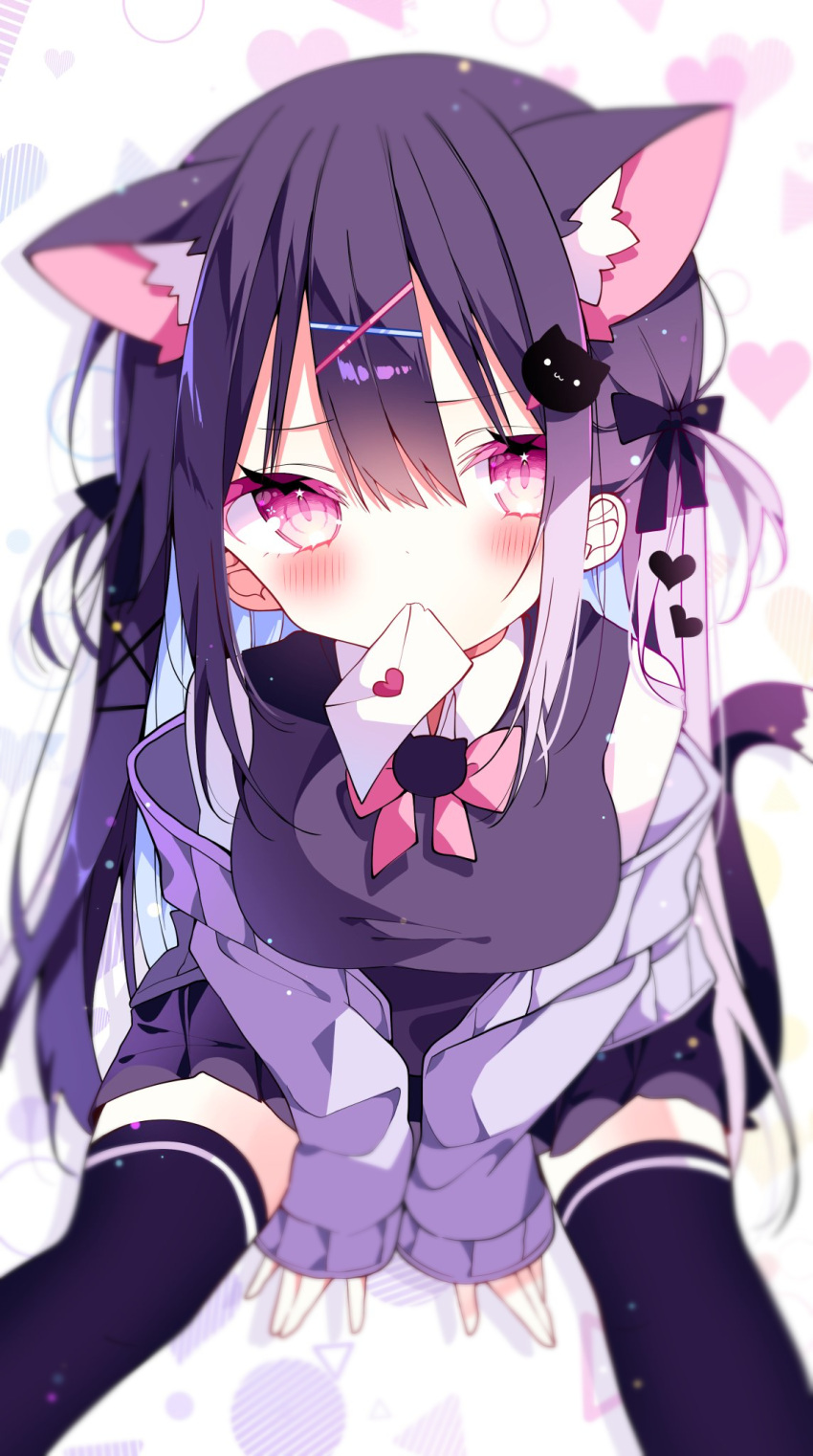 1girl, animal_ear_fluff, animal_ears, bare_shoulders, between_legs, black_hair, black_skirt, black_thighhighs