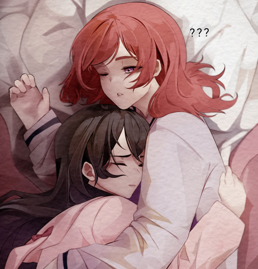 2girls, ?, ??, black_hair, closed_eyes, closed_mouth, commentary, cuddling, from_above, hand_on_another's_back, highres, long_hair, love_live!, love_live!_school_idol_project, multiple_girls, niant9n, nishikino_maki, on_bed, one_eye_closed, parted_lips, pillow, pink_shirt, redhead, shirt, sleeping, violet_eyes, white_shirt, yazawa_nico, yuri