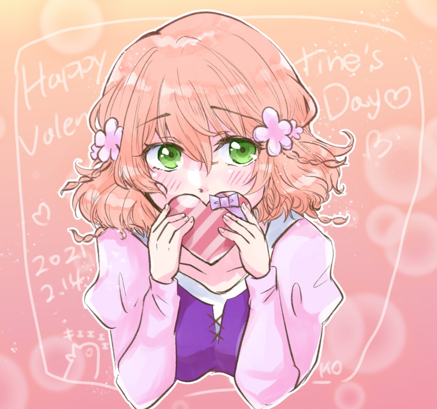 1girl, blush, box, braid, character_request, commentary_request, dated, flower