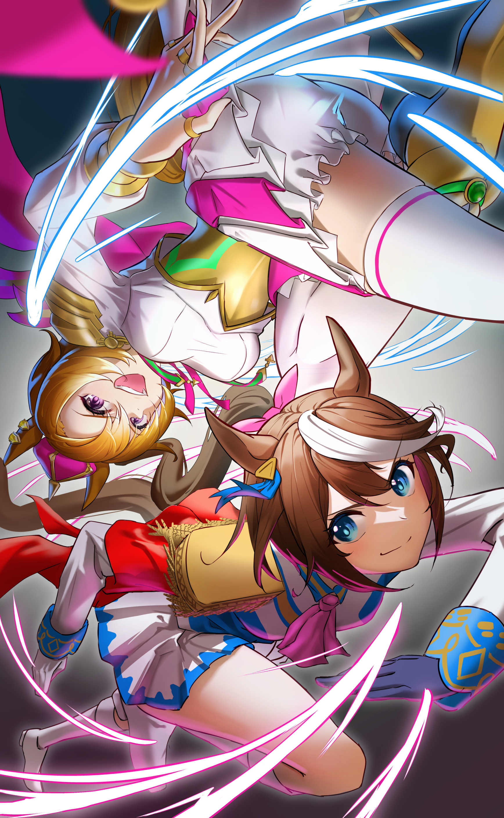 2girls, absurdres, ahoge, animal_ears, ascot, asymmetrical_gloves, blue_eyes, boots