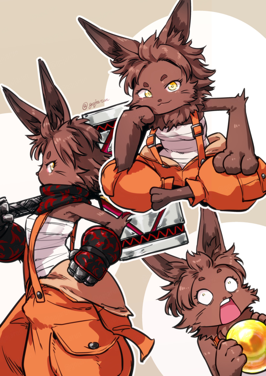 1girl, :o, barefoot, bilac_(shangri-la_frontier), brown_hair, furry, gloves, gojarun