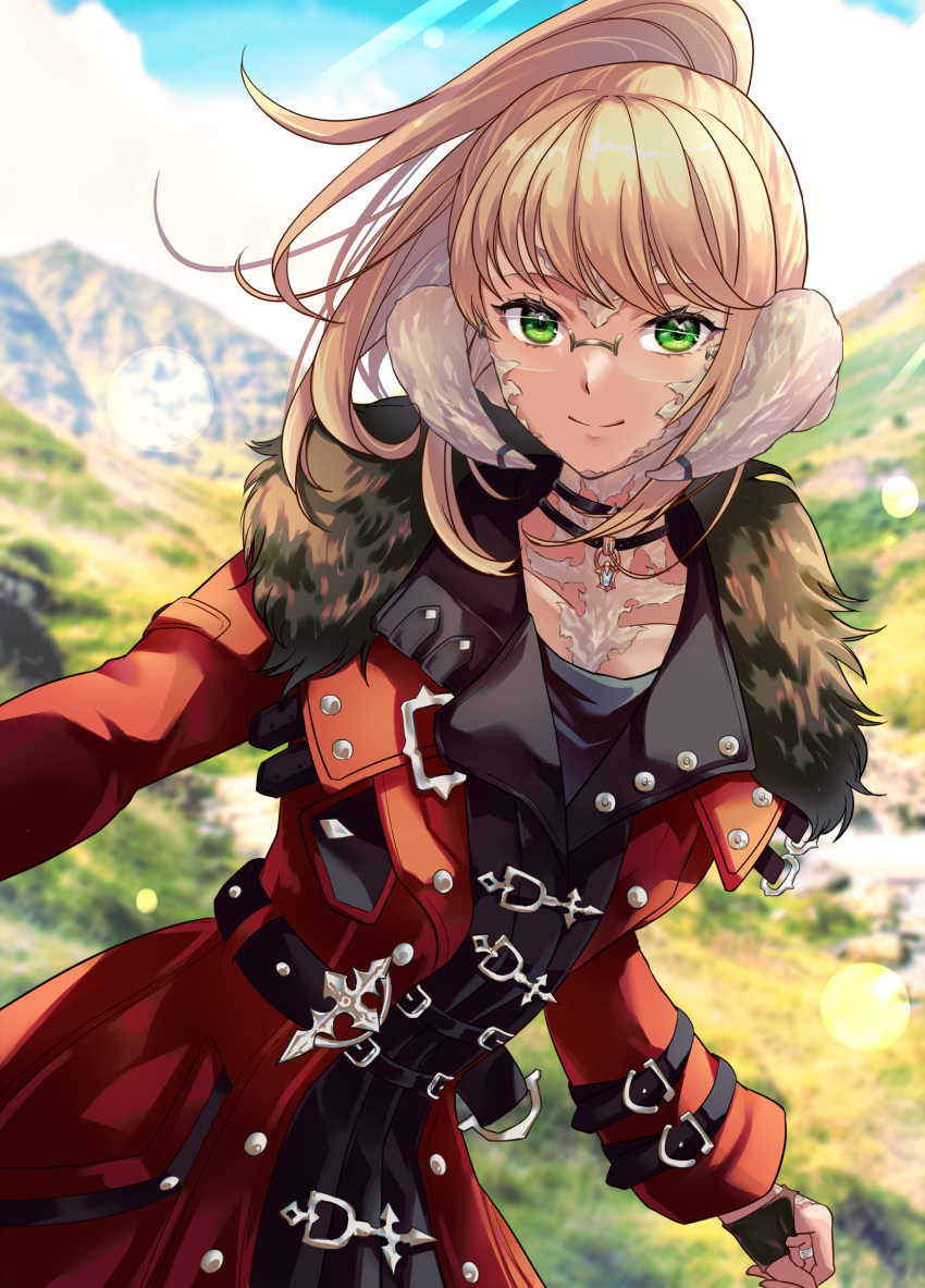 1girl, au_ra, belt, black_choker, blonde_hair, blue_sky, blurry, blurry_background
