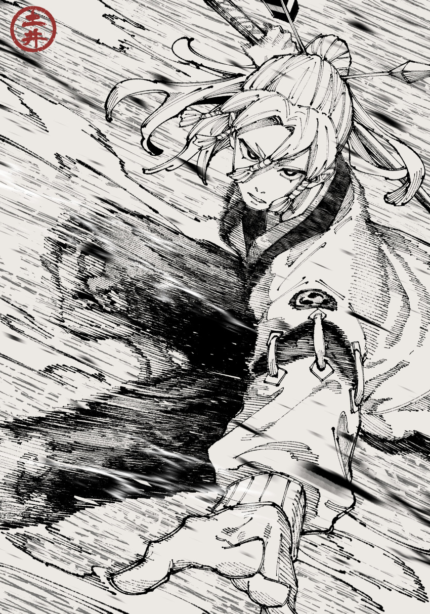 1boy, absurdres, arrow_(projectile), artist_logo, black_pants, braid, braided_bangs, check_gender, doi_nau, dutch_angle, floating_hair, foot_out_of_frame, foreshortening, from_side, hair_pulled_back, haori, hatching_(texture), highres, holding, holding_weapon, japanese_clothes, layered_clothes, long_sleeves, looking_at_viewer, male_focus, mitsudomoe_(shape), monochrome, motion_lines, nostrils, original, outstretched_arms, pants, parted_lips, ponytail, serious, short_eyebrows, sleeve_cuffs, solo, speed_lines, teeth, tomoe_(symbol), weapon