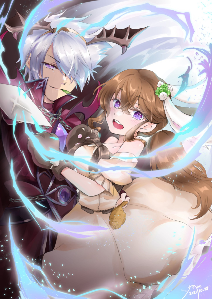 1boy, 1girl, animal_ears, animal_hands, black_coat, black_wings, blush, breasts