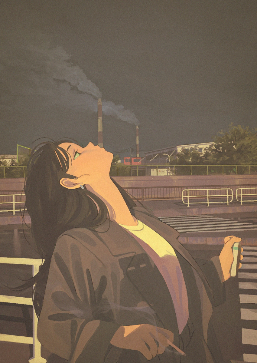 1girl, black_coat, black_hair, cigarette, cigarette_pack, coat, commentary, crosswalk