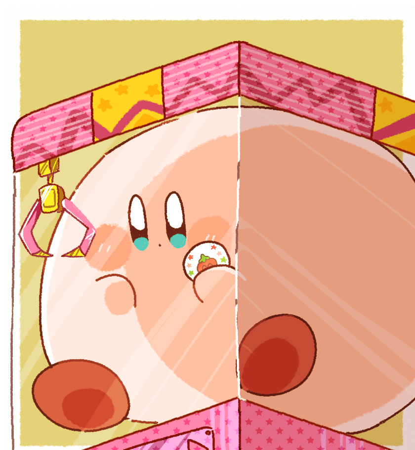 blue_eyes, blush, blush_stickers, border, bright_pupils, colored_skin, commentary_request, crane_game