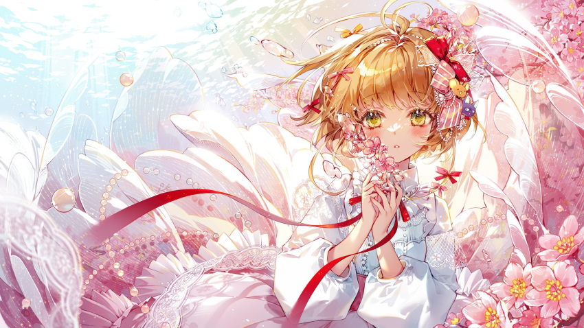 1girl, antenna_hair, blush, brown_hair, cardcaptor_sakura, cherry_blossoms, dress, flower