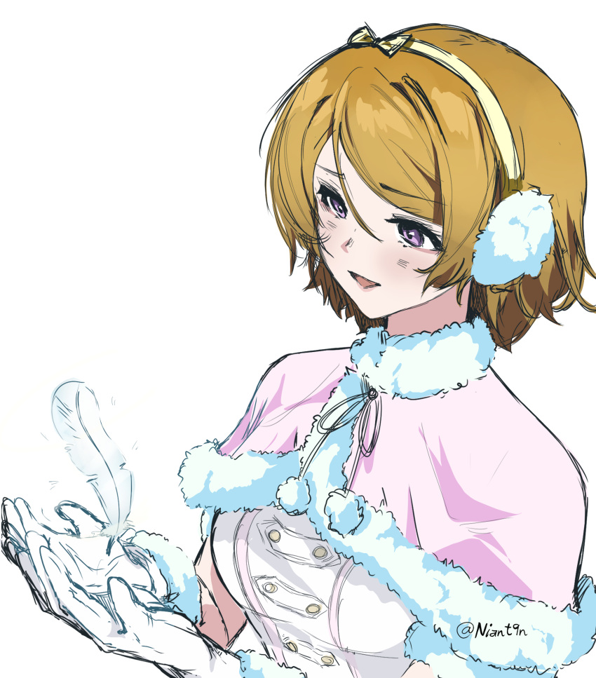 1girl, bow_hairband, brown_hair, capelet, commentary, earmuffs, english_commentary, feathers, fur-trimmed_capelet, fur_trim, gloves, hairband, highres, koizumi_hanayo, love_live!, love_live!_school_idol_project, niant9n, open_mouth, pink_capelet, shirt, short_hair, simple_background, smile, solo, twitter_username, upper_body, violet_eyes, white_background, white_gloves, white_shirt, yellow_hairband
