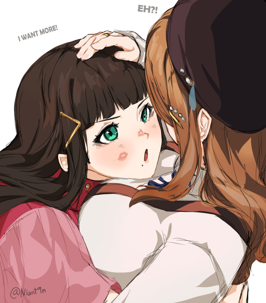 2girls, black_hair, breasts, brown_hair, brown_hat, commentary, english_commentary, hair_ornament