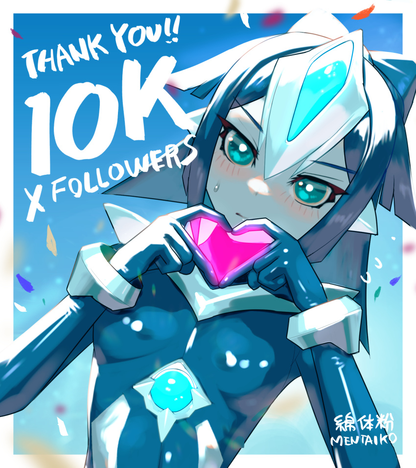 1girl, announcement_celebration, blue_eyes, blue_hair, blue_skin, bodysuit, colored_skin, giant