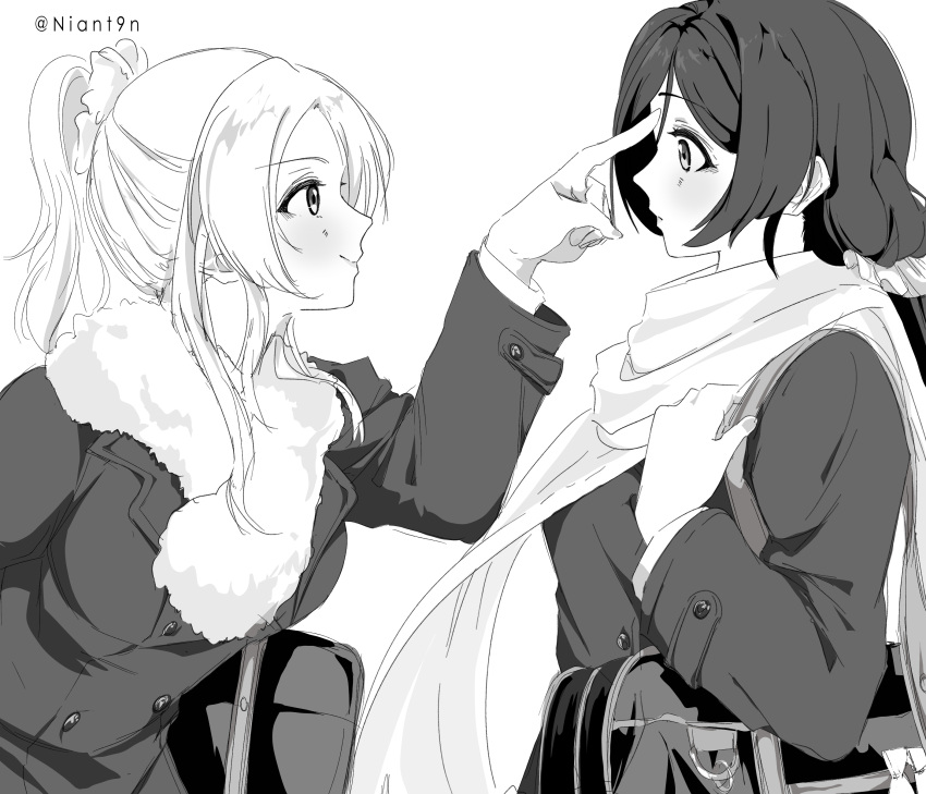 2girls, absurdres, ayase_eli, bag, buttons, closed_mouth, coat, commentary