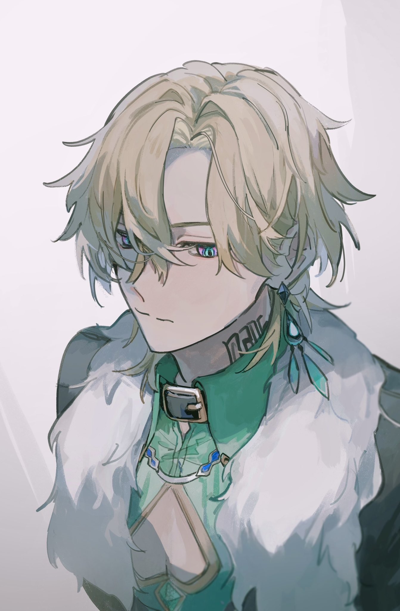 1boy, aqua_shirt, aventurine_(honkai:_star_rail), blonde_hair, closed_mouth, collared_shirt, earrings, fur_trim, hair_between_eyes, hamutyurosu, highres, honkai:_star_rail, honkai_(series), jewelry, male_focus, multicolored_eyes, neck_tattoo, shirt, short_hair, simple_background, solo, tattoo, white_background