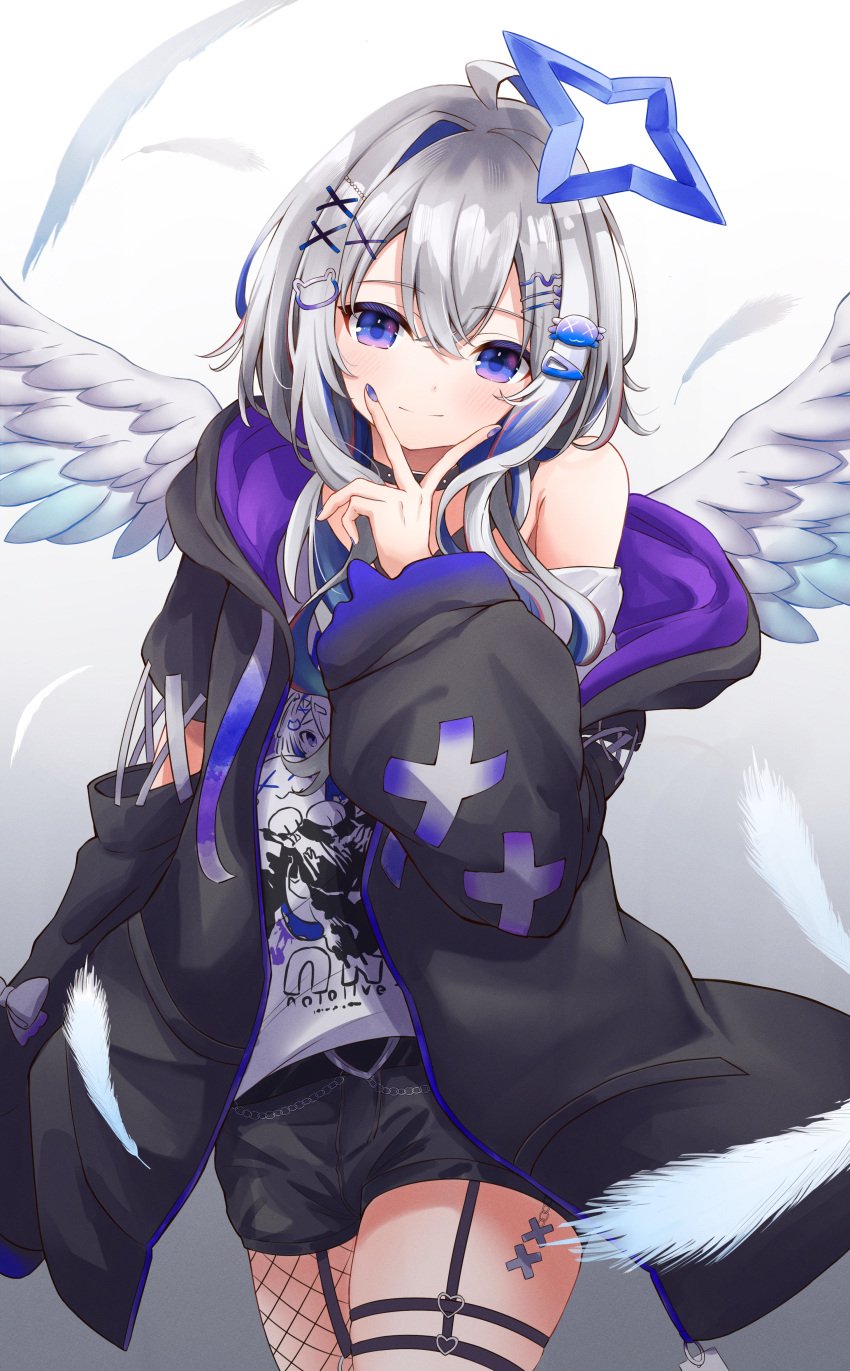 1girl, absurdres, amane_kanata, amane_kanata_(punk_rock), angel, angel_wings, black_jacket, black_shorts