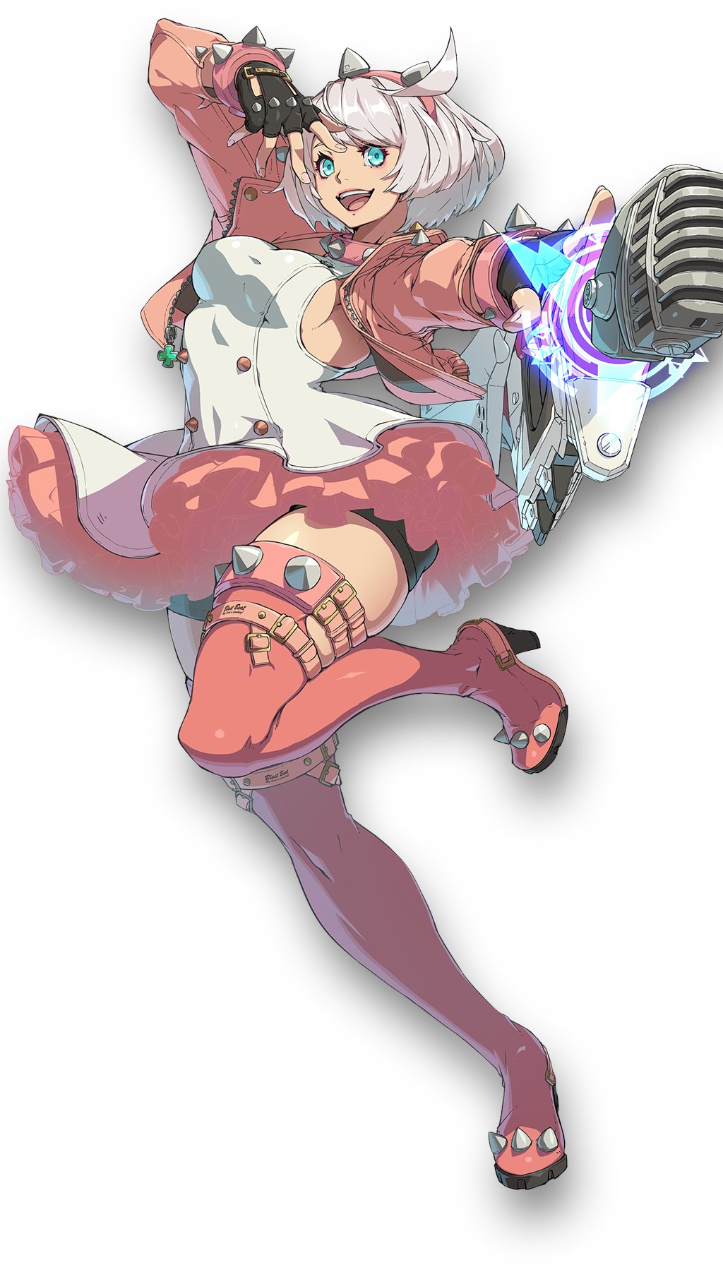 1girl, arc_system_works, black_gloves, blue_eyes, dress, elphelt_valentine, fingerless_gloves, gloves, guilty_gear, guilty_gear_strive, hidehiko_sakamura, highres, jacket, looking_at_viewer, microphone, official_art, open_mouth, pink_footwear, pink_jacket, pointing, pointing_at_viewer, short_hair, simple_background, smile, solo, white_background, white_dress, white_hair
