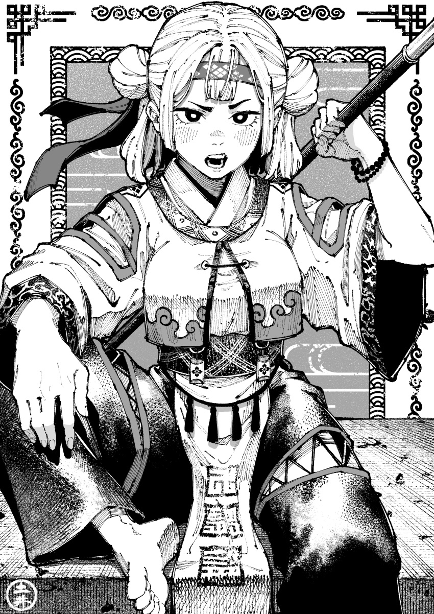 1girl, absurdres, artist_logo, barefoot, bead_bracelet, beads, blush_stickers, border, bracelet, breasts, clothing_cutout, concrete, crop_top, crop_top_overhang, crosshatching, doi_nau, double-parted_bangs, double_bun, elbow_on_knee, eyelashes, feet, fingernails, foot_out_of_frame, greyscale, hair_bun, hand_up, hatching_(texture), headband, highres, jewelry, knee_up, looking_at_viewer, medium_breasts, mismatched_eyebrows, monochrome, nostrils, open_mouth, original, ornate_border, pants, parted_hair, pelvic_curtain, polearm, raised_eyebrow, sash, short_eyebrows, short_hair, sitting, sleeves_past_elbows, soles, solo, tassel, teeth, toes, weapon, weapon_behind_back, wide_sleeves