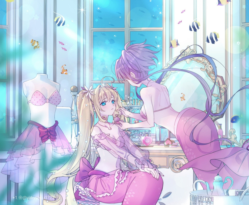 +1_(yakusoku0722), 2girls, artist_name, blonde_hair, blue_eyes, bra, detached_sleeves, flower