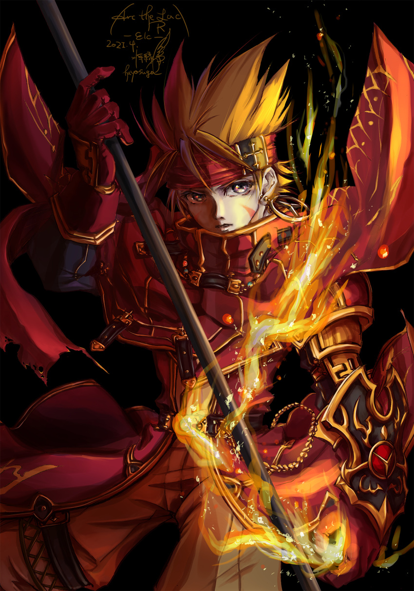 1boy, arc_the_lad, armor, artist_name, black_background, blonde_hair, character_name, copyright_name, dated, earrings, elc_(arc_the_lad), fire, gauntlets, gloves, hayosuga, headband, highres, jewelry, looking_at_viewer, male_focus, red_armor, red_gloves, solo