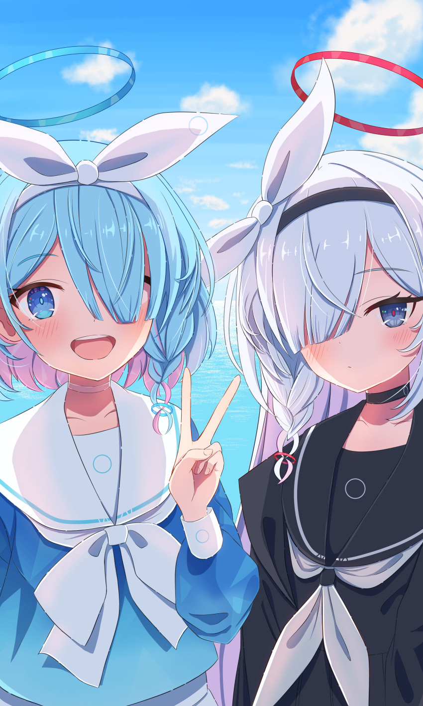 2girls, absurdres, arona_(blue_archive), black_choker, black_headband, black_shirt, blue_archive, blue_eyes, blue_hair, blue_halo, blue_sailor_collar, blue_shirt, blue_sky, choker, clouds, colored_inner_hair, grey_eyes, grey_hair, hair_over_one_eye, halo, headband, highres, long_hair, looking_at_viewer, multicolored_hair, multiple_girls, p-tomi, pink_hair, plana_(blue_archive), red_halo, sailor_collar, shirt, sky, white_choker, white_headband, white_sailor_collar