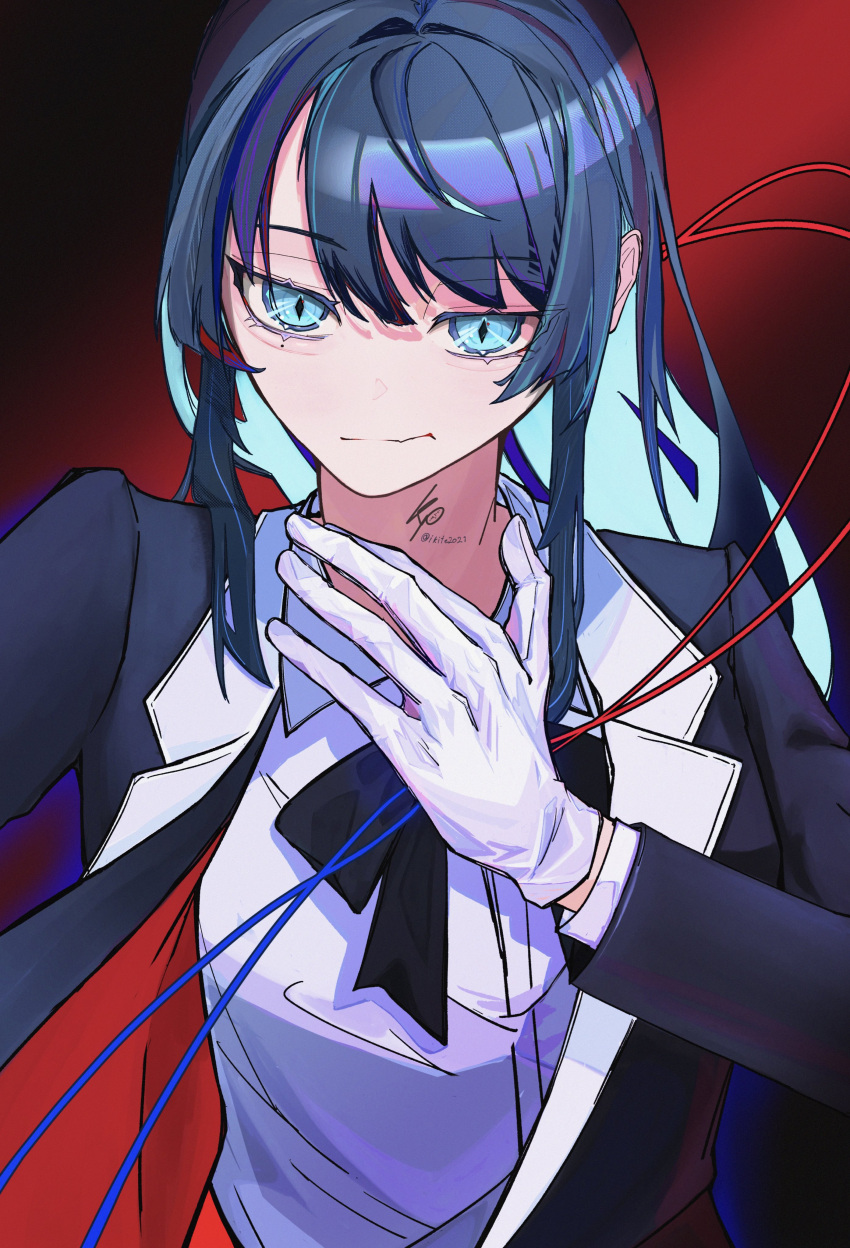 1girl, absurdres, ado_(utaite), black_bow, black_bowtie, black_coat, black_hair, blue_eyes