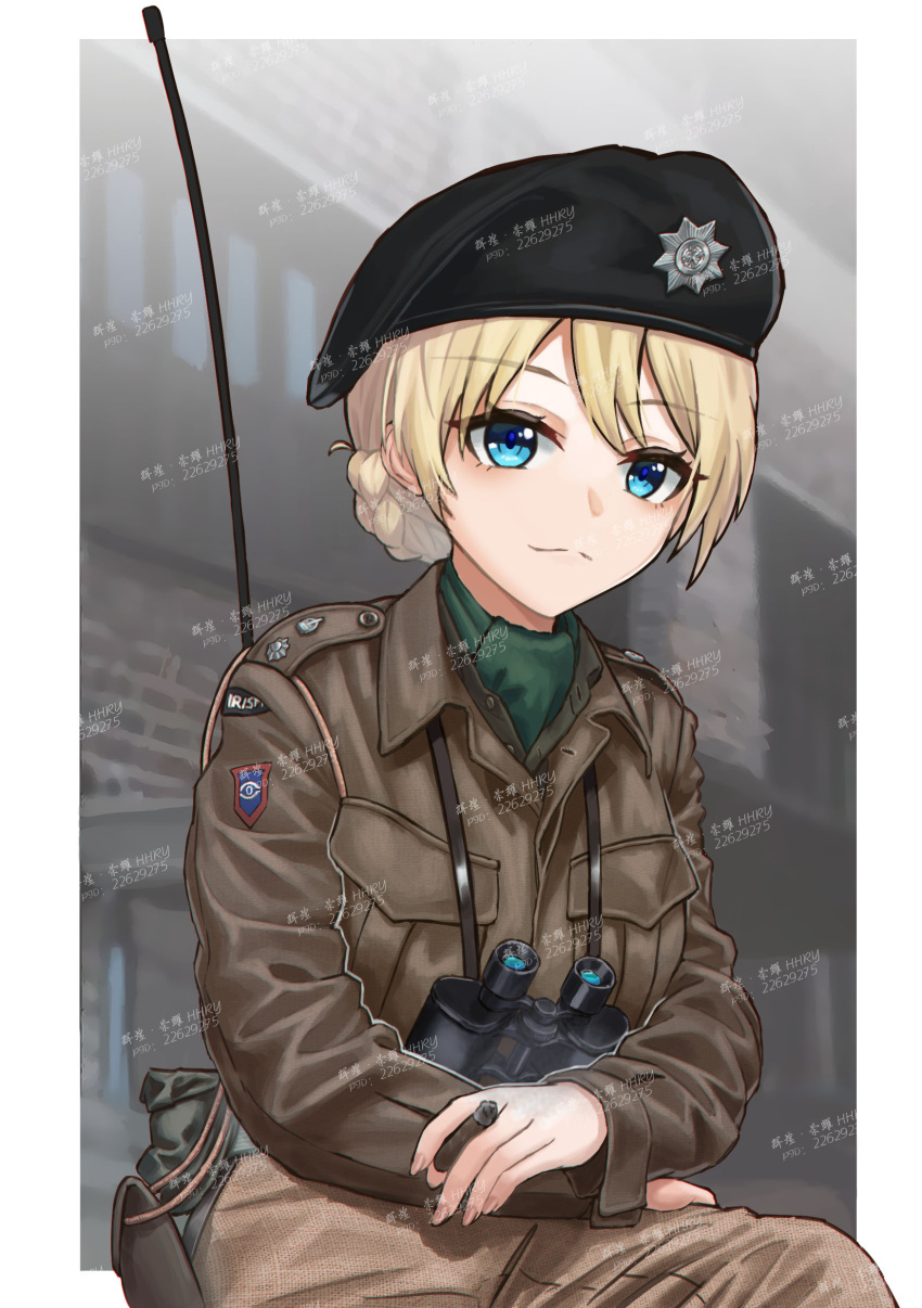 1girl, absurdres, alternate_costume, ascot, beret, binoculars, black_hat, blonde_hair